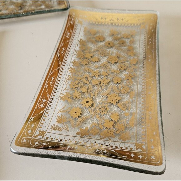 Gold Gilt Floral Glass Appetizer Plate MCM hors d'oeuvres vintage art deco Set 5 - Picture 4 of 15